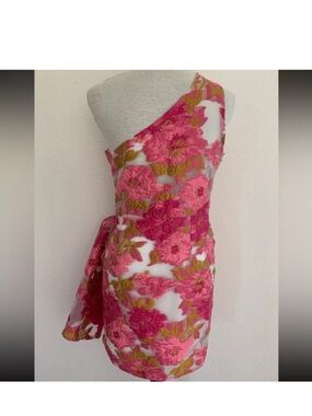 REVERSE Organza One Shoulder Pink Floral Print Cocktail Party Dress Sz 10-12